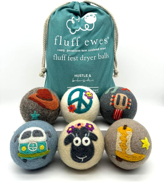 Fluff Ewes Wool Dryer Balls 6 Pack Premium New Zealand Wool Laundry Balls for Dryer, No Static Dryer Balls Laundry Reusable, XL Wool Dryer Balls Cute, Baby Dryer Balls for Dryers - Fluff Fest-PurrikoPets