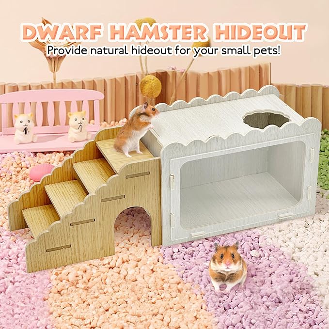 Fhiny Hamster Hideout Wooden Chamber with Climbing Ladder, Visible Hamster Digging Box with Acrylic Transparent Board Gerbil Platform Exploring House Habitat Decor for Dwarf Hamsters Gerbils Mice-PurrikoPets