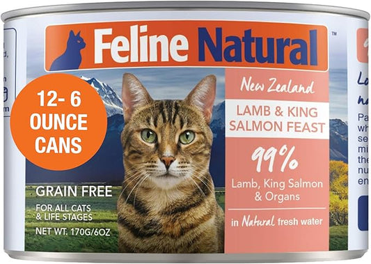 Feline Natural New Zealand Canned Catfood Wet Food, High-Meat, Low-Carb, & Grain Free Cat Food Wet, Lamb & Salmon Feast, 6 oz, Pack of 12-PurrikoPets