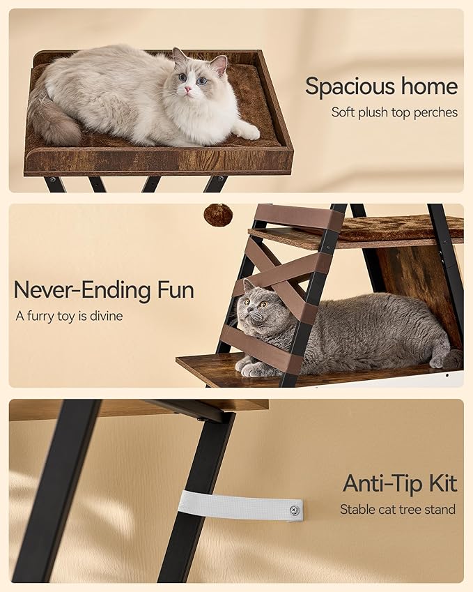 FourFurPets 72.4" Modern Cat Tower for Indoor Cats - Multi-Level Condo With Caves, Tall Tree With Scratching Board, Wooden Tower With Large Perch, Removable Pads, Rustic Brown-PurrikoPets