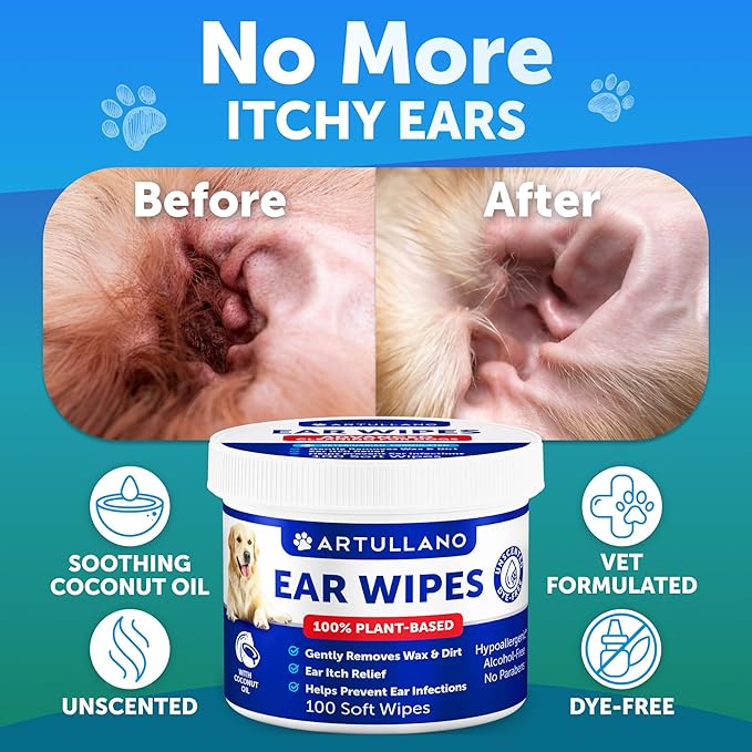 Dog Ear Wipes - 100 ct - Removes Wax and Dirt - Soothing Ear Cleaner Wipes for Dogs, Puppies - 100% Plant Based, Unscented with Coconut Oil - Ear Infection Treatment to Relief Itching & Inflammation-PurrikoPets