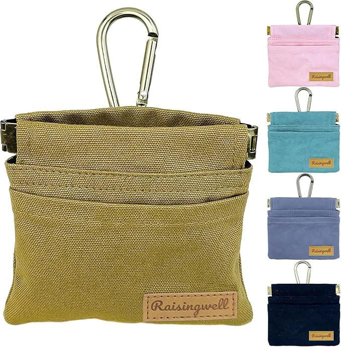 Dog Treat Pouch, Brown Pocket Sized Pet Training Pouch, Cotton Fabric, Hand Free Dog Walking Bag with Carabiner, Self-Closing Pet Feed Snack Reward, for Puppy Travel or Outdoor Use-PurrikoPets