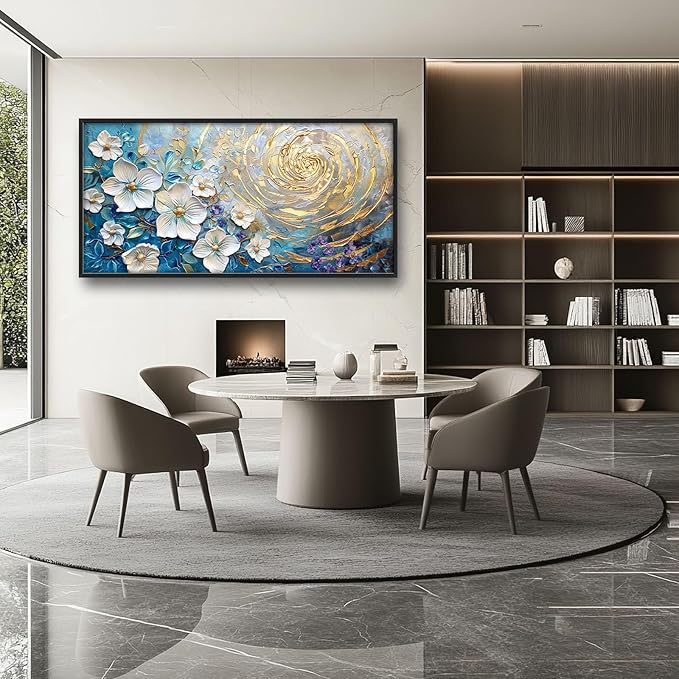 Flower Large Wall Art White Floral Pictures Abstract Golden Spiral Texture Wall Decor Canvas Print Painting Artwork for Bathroom Living Room Bedroom 60L" x 30W"-PurrikoPets