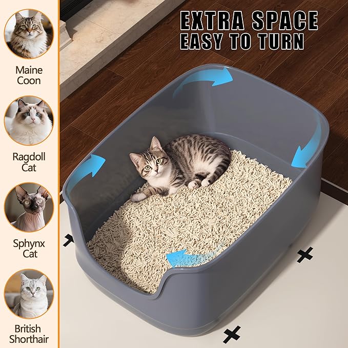 Gefryco Large Cat Litter Box with High Sided 24.6"x18.3"x12.2" - Jumbo Extra Large Open Anti - Splashing High Wall for Multiple Cats (Grey)-PurrikoPets