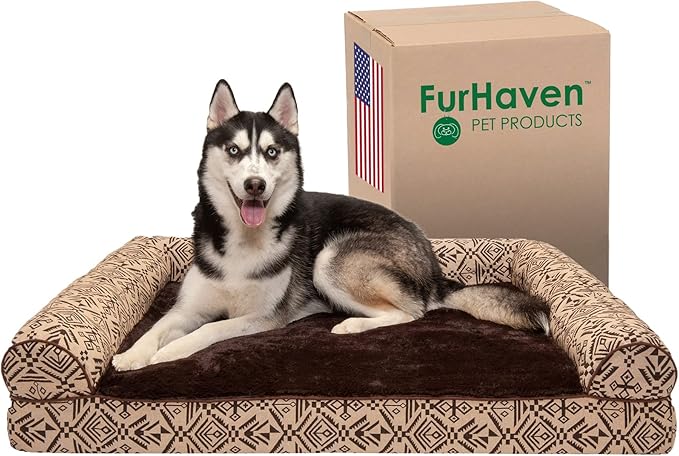 Furhaven Orthopedic Dog Bed for Large Dogs w/ Removable Bolsters & Washable Cover, For Dogs Up to 95 lbs - Plush & Southwest Kilim Woven Decor Sofa - Desert Brown, Jumbo/XL-PurrikoPets