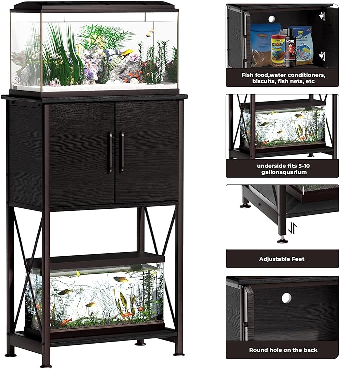 5-10 Gallon Fish Tank Stand, Metal Double Aquarium Stand with Cabinet for Fish Tank Accessories Storage, Heavy Duty 20.5" L* 11.02" W Tabletop, 500LBS Capacity Black PG06YGB-PurrikoPets