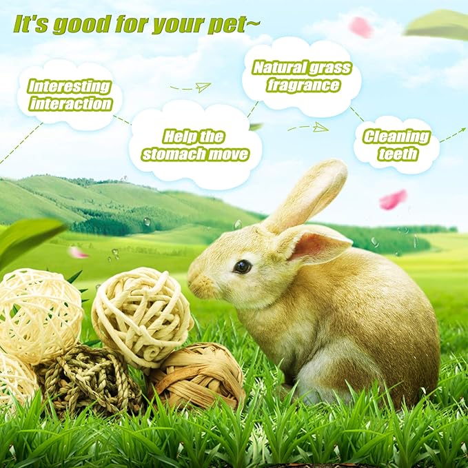 8 Pcs Small Animals Play Balls Rolling Activity Chew Toys Gnawing Treats for Rabbits Guinea Pigs Chinchilla Bunny Natural Balls, Pet Cage Entertainment Accessories (8Pcs)-PurrikoPets