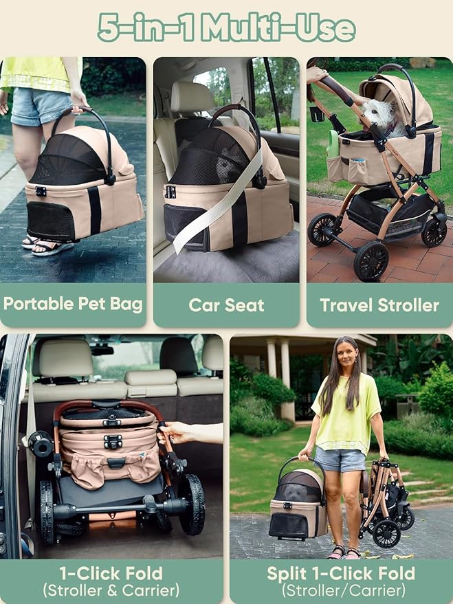 Dog Stroller, Cat Strollers, 5-in-1 Pet Stroller with Detachable Waterproof Carrier for Small/Medium Dogs Cats up to 55lbs, All-in-One Fold Without Detaching Carrier for Dogs Cats 10 lbs to 55 lbs-PurrikoPets