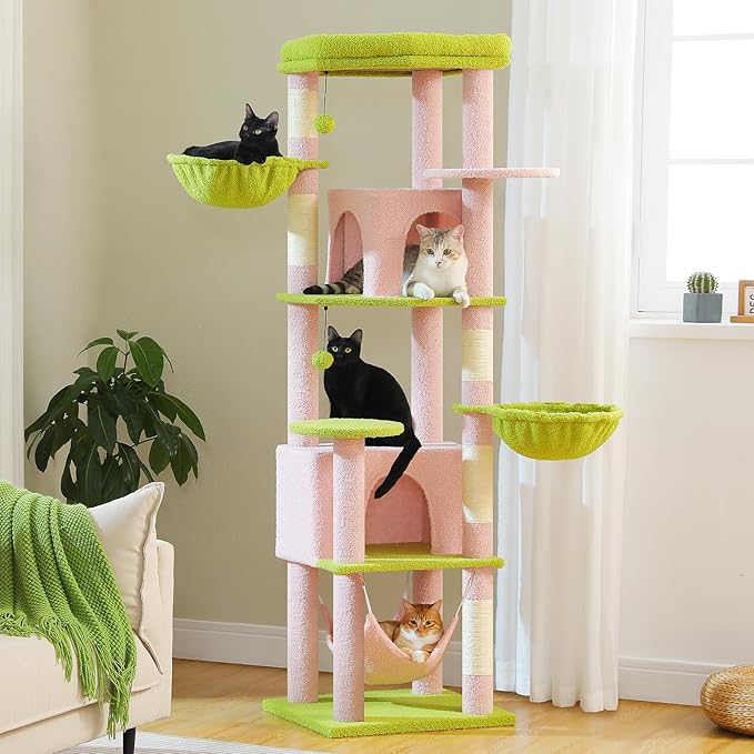 71.2" Large Cat Tree for Multi-Cat Households - Heavy-Duty 9-Level Cat Tower w/5 Sisal Scratching Posts, 2 Condos, 3 Hammocks, Extra-Large Perch & Pompoms - Space-Saving, Pink-PurrikoPets