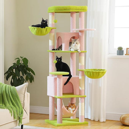 71.2" Large Cat Tree for Multi-Cat Households - Heavy-Duty 9-Level Cat Tower w/5 Sisal Scratching Posts, 2 Condos, 3 Hammocks, Extra-Large Perch & Pompoms - Space-Saving, Pink-PurrikoPets