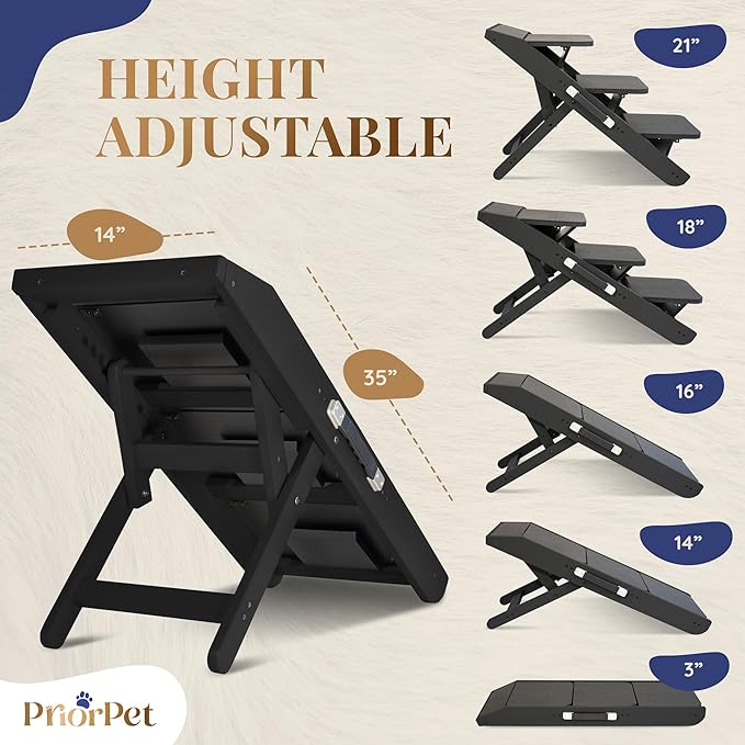 Dog Steps for Bed & Couch 2-in-1 Dog Stairs/Ramp - Height Adjustable Dog Ramp for Couch 7” - 20” - Pet Stairs, Dog Stairs for Small Dogs - Easy to Move Pet Steps with Landing Platform, Black-PurrikoPets