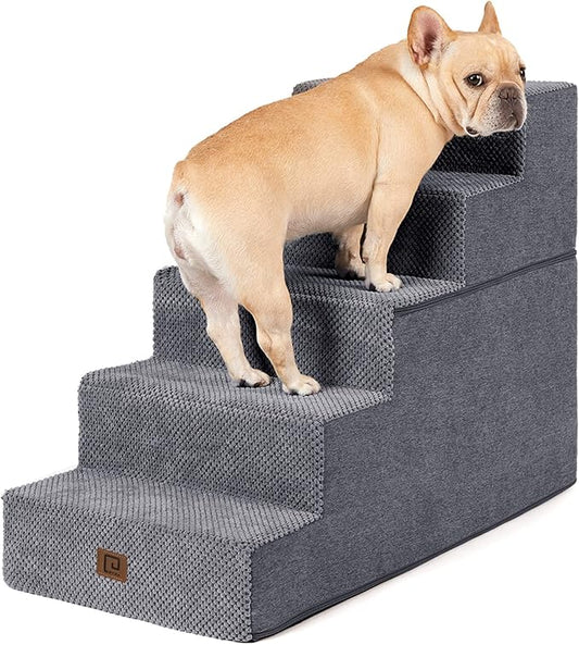 EHEYCIGA Dog Stairs for High Bed 22.5" H, 5-Step Dog Steps for Bed, Pet Steps for Small Dogs and Cats, Non-Slip Balanced Pet Ramp Indoor, Grey-PurrikoPets
