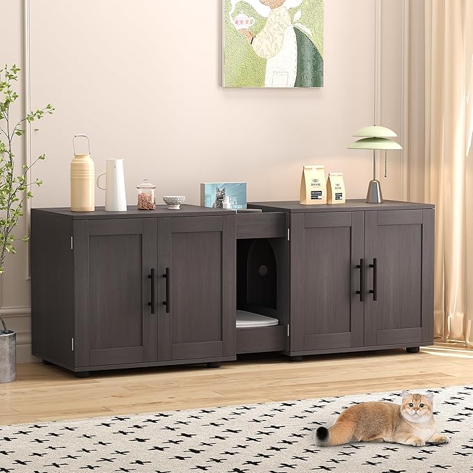 Gaomon Litter Box Enclosure with Double Room,Cat Hidden Litter Box Enclosure Furniture for 2 Cats with Double Room, 55”L x 17.7”W x 22.5”H Cat House,Wooden Enclosed Cat Litter Box Furniture,Walnut-PurrikoPets