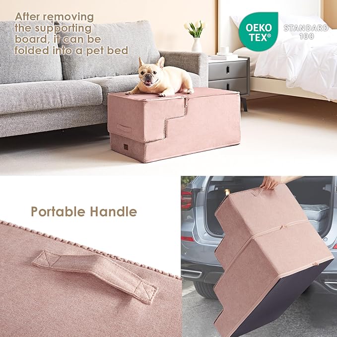 EHEYCIGA Dog Stairs for High Bed 22.5" H, 5-Step Dog Steps for Bed, Pet Steps for Small Dogs and Cats, Non-Slip Balanced Pet Ramp Indoor, Pink-PurrikoPets