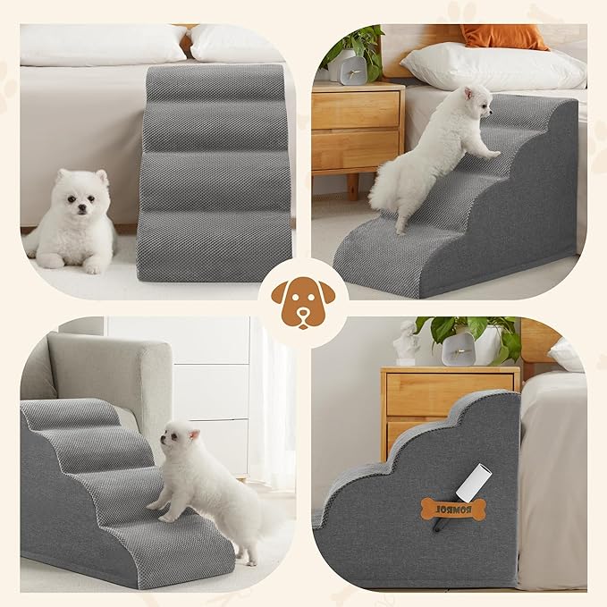 Dog Stairs, Romrol Dog Steps Ramp for High Bed and Couch, Dogs Ramp with Durable Non-Slip Waterproof Fabric Cover, Pet Stairs for Small Dogs and Cats or Pets Joints, 4-Tiers,Grey-PurrikoPets