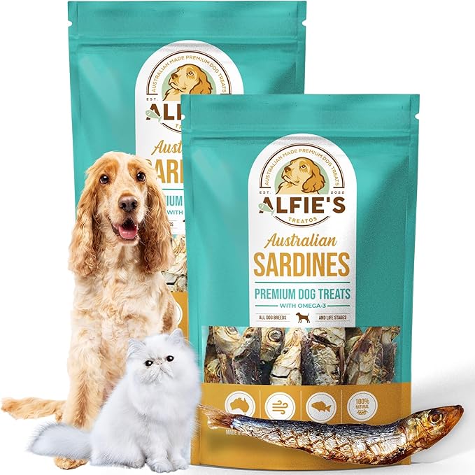 ALFIE'S TREATOS Sardines for Dogs & Cats (5.3 oz, 2x2.65 oz), Value Bundle, Air-Dried Fish Dog Treats, Omega-3 Food Topper, Single Ingredient, Australian Wild-Caught, Freeze-Dried Alternative-PurrikoPets
