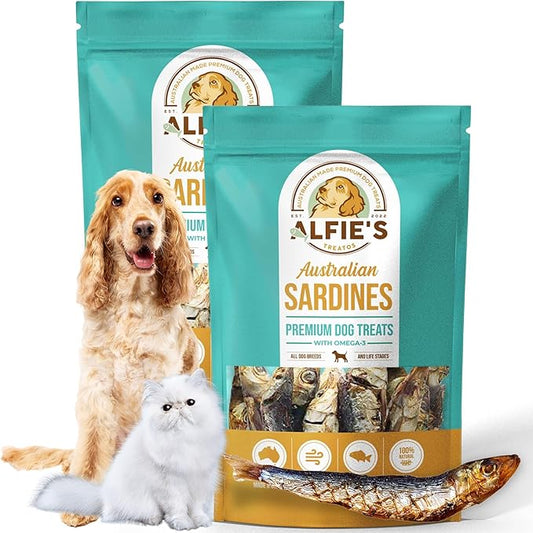 ALFIE'S TREATOS Sardines for Dogs & Cats (5.3 oz, 2x2.65 oz), Value Bundle, Air-Dried Fish Dog Treats, Omega-3 Food Topper, Single Ingredient, Australian Wild-Caught, Freeze-Dried Alternative-PurrikoPets