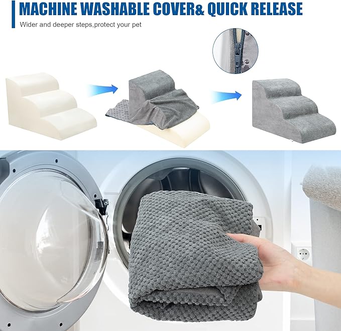 Dog Stairs for Small Dogs - High Density Foam Dog Ramp, Extra Wide Pet Steps with Non-Slip Bottom for High Beds, Couche and Sofa, Best for Dogs Injured, Older Doggy Cats (Grey, 3 Steps)-PurrikoPets