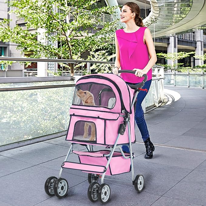Dog Stroller, Folding 4 Wheels Pet Stroller for Small Medium Dog Cat Travel Carrier with Weather Cover Storage Basket Cup Holders Pink-PurrikoPets