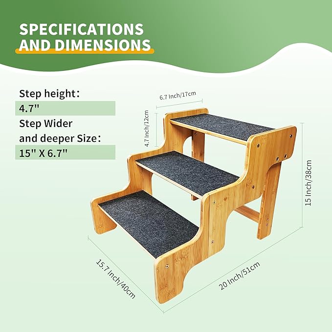 Dog Stairs for Small Dogs,3-Step Bamboo Wooden Dog/Pet/Cat Steps Ramp for Couch Sofa,Bed and Car, Can Support Weighing Up to 160 LB,-PurrikoPets