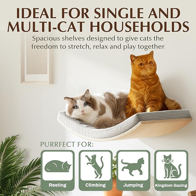 Extra Large 23.6”×14.6” CALLICO HAVEN- Stylish Cat Wall Shelves with Curved Design, Modern Wall-Mounted Cat Tree Hammock with Soft Cushion, Sturdy/Hidden Mounts, Washable Cover, Sleek Design -C Shape-PurrikoPets