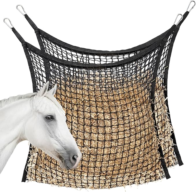 2 PCS Slow Feed Hay Net for Horses, Large Capacity Hay Bags for Horses Goats Sheep Donkey Trailer Full Day Feeding, Easy to Fill and Hang, Black, 35 x 31 Inch-PurrikoPets