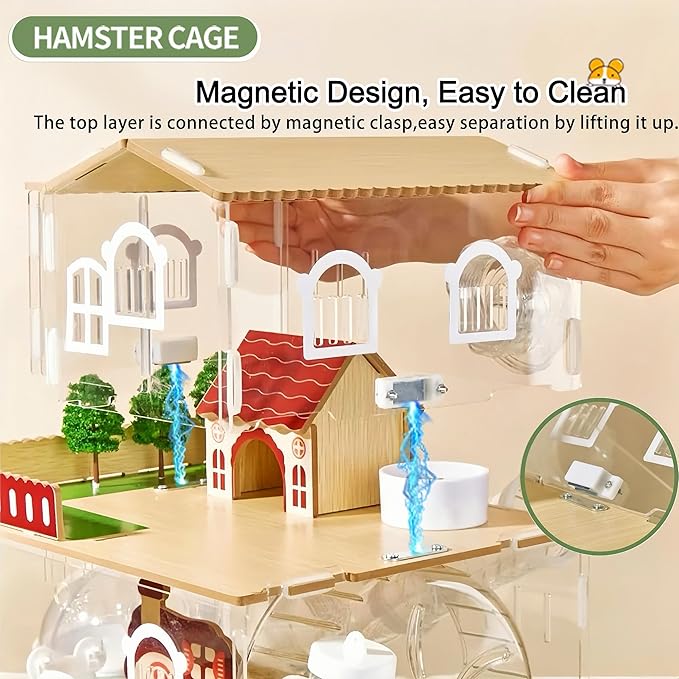 17 in 1 Clear Acrylic Hamster Cage with All Accessories,13.5''L* 10''W* 21''H Dwarf Hamster Cage,Magnetic Connection Small Hamster Enclosure,Garden Style Wooden Pet Mouse Cage for Pet Mice(3-Layer)-PurrikoPets