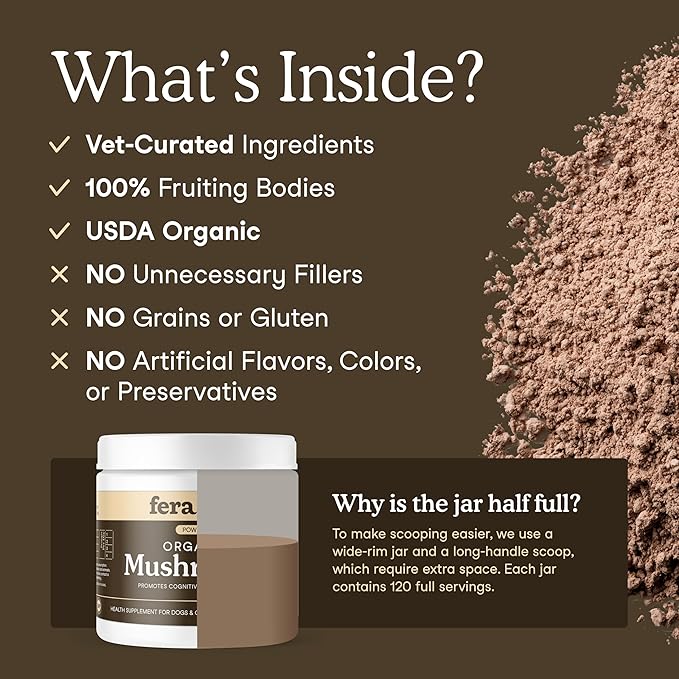 Fera Pets Mushroom Supplement for Dogs & Cats with Turkey Tail - USDA Organic - Cognitive and Immune Support - Enhances Liver Function - Supports a Healthy Gut - Powder - 120 Scoops-PurrikoPets