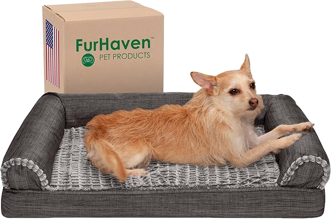 Furhaven Orthopedic Dog Bed for Medium/Small Dogs w/ Removable Bolsters & Washable Cover, For Dogs Up to 35 lbs - Luxe Faux Fur & Performance Linen Sofa - Charcoal, Medium-PurrikoPets