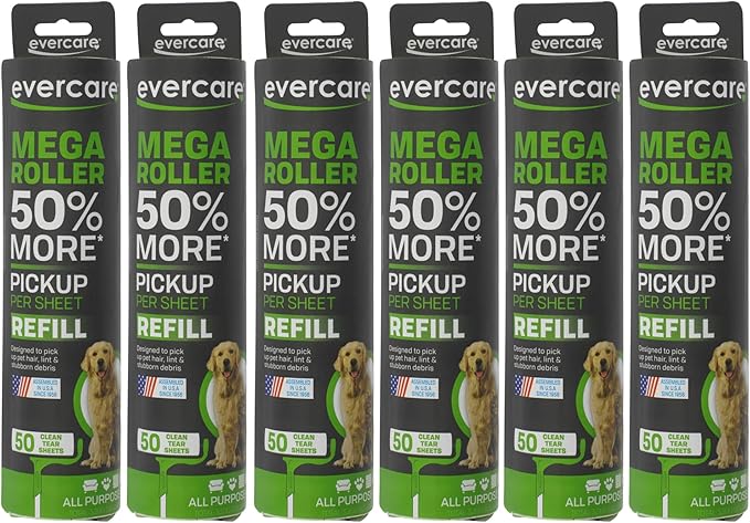 Evercare Pack of 6 10" Wide Large Surface Mega Pet Roller Refill, 50 Sheets Each (300 Sheets Total)-PurrikoPets