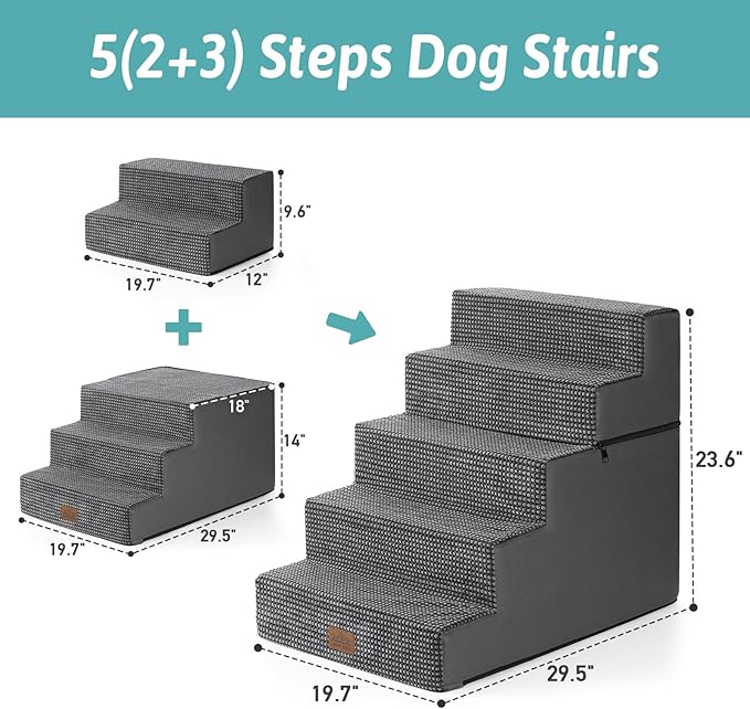 Dog Stairs for Small Dogs, 5 Tier Removable Wider Pet Stairs for Couch and Bed, 23.6" H Non-Slip Dog Steps for Puppies and Old Cats with Support Board, 29.5x19.7x23.6 inch, Dark Grey-PurrikoPets