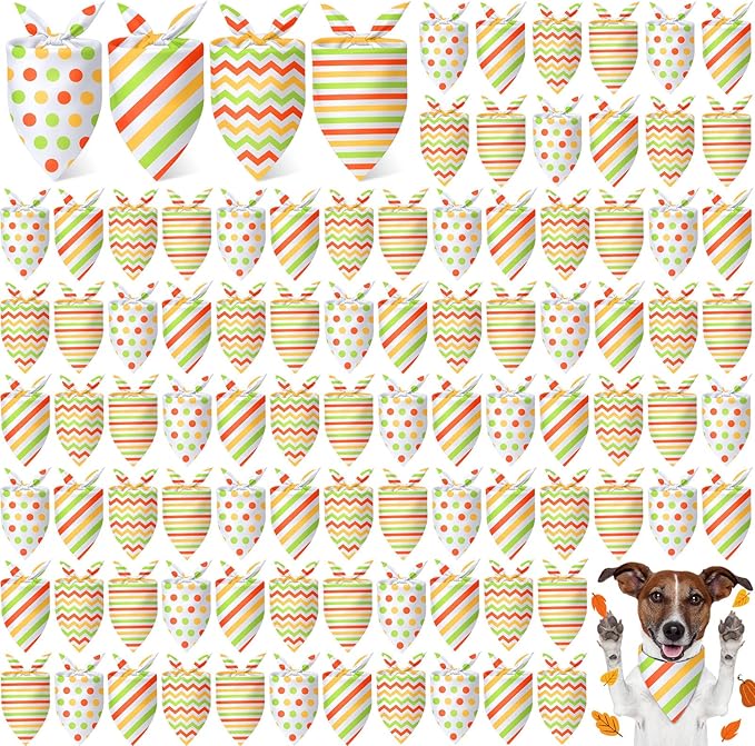 100 Pieces Fall Dog Bandanas Bulk Colorful Autumn Bandanas for Dogs with Polka Dot Stripe Wave Patterns for Pets Doggies Fall Autumn Thanksgiving Party Costume Accessories-PurrikoPets