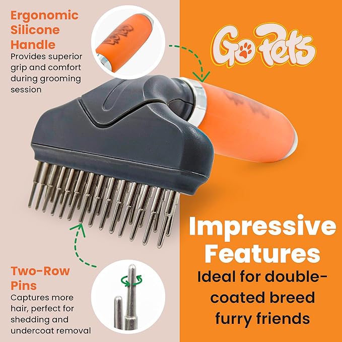 GoPets Double Row Dematting Rake, Undercoat Grooming Tool for Thick and Long Coat Pets, Ideal for Sensitive Skin, Reduces Breakage, Supports Daily Shedding Control, Detangler for Dogs and Cats-PurrikoPets