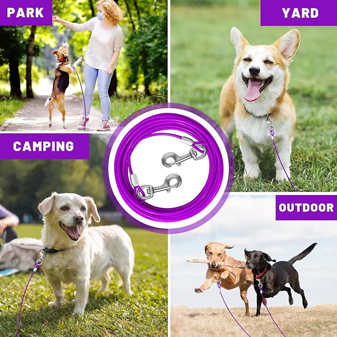 Dog Tie Out Cable 10/15/20/25/30 FT Runner for Yard Steel Wire Cable with Durable Superior Clips Purple Chains for Outside Dog Lead for Large Up to 165 Lbs-PurrikoPets