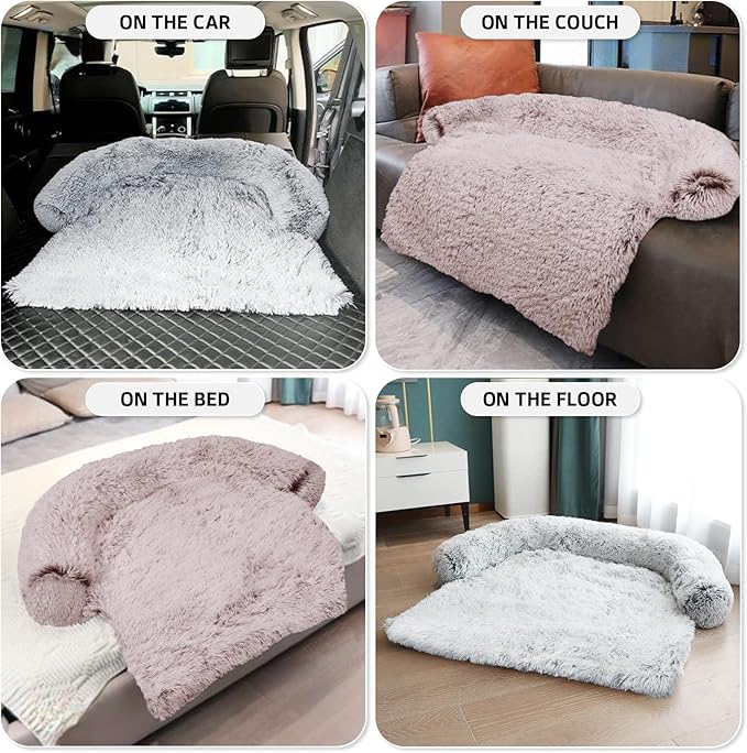 GGIB Calming Dog Bed Fluffy Plush Dog Mat for Furniture Protector with Removable Washable Cover for Large Medium Small Dogs and Cats (Large, Rust White)-PurrikoPets