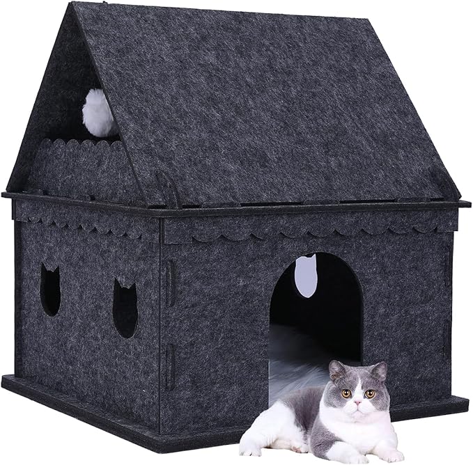 2-Tier Indoor Cat Apartment，Cozy Pet Cat Bed, Hideaway, and Sturdy Cat Castle for Multiple and Large Cats-PurrikoPets