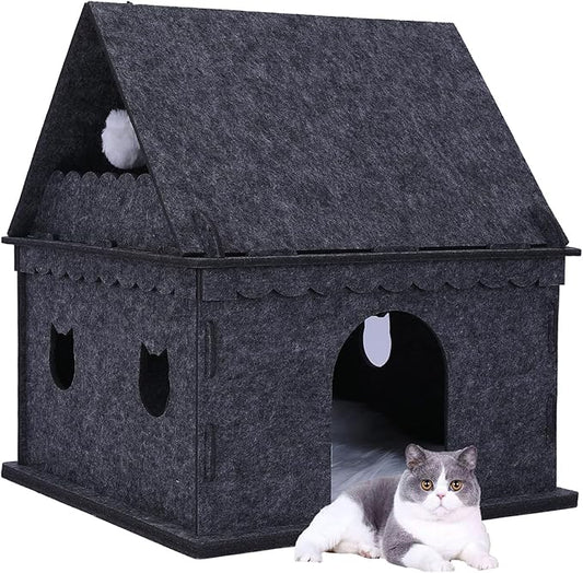 2-Tier Indoor Cat Apartment，Cozy Pet Cat Bed, Hideaway, and Sturdy Cat Castle for Multiple and Large Cats-PurrikoPets