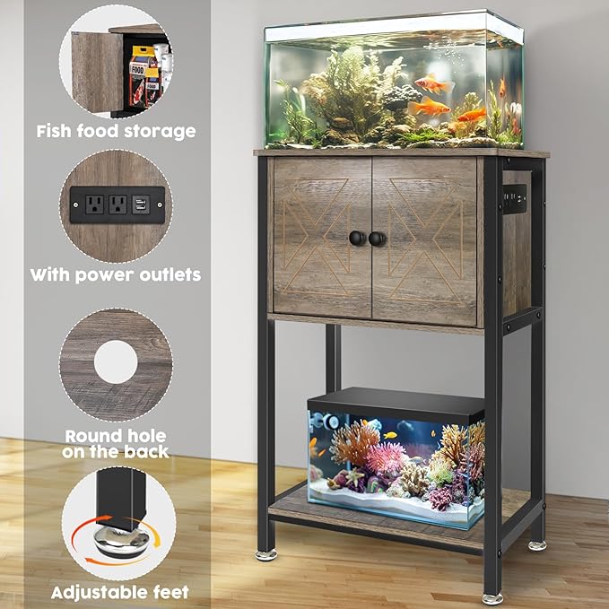 5-10 Gallon Fish Tank Stand, Heavy Duty Aquarium Stand with Cabinet & Power Outlets for Fish Tank Accessories Storage, Double Tank Stand 20.5" L* 11" W Tabletop, 220LBS Capacity, Grey-PurrikoPets