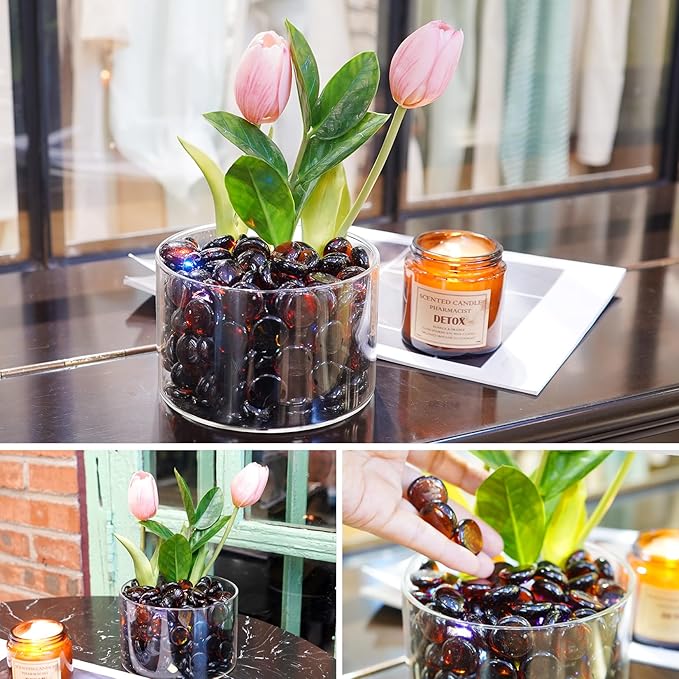 1LB Amber Flat Glass Marbles for Vases, Gemstone Beads Vase Filler Decorative Glass Pebbles for Fish Tank, DIY Crafts, Autumn Centerpieces, Aquarium Decor Rocks-PurrikoPets