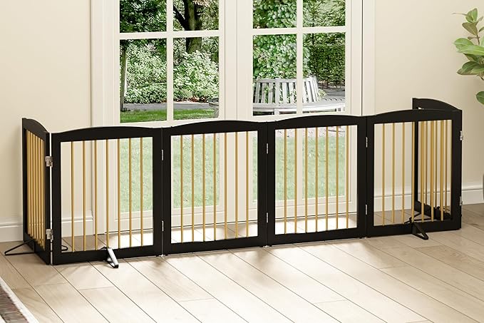 Freestanding Pet Gate for Dogs, Foldable Wooden Dog Gate for House, Extra Wide Indoor Pet Barrier for Stair, Doorway, Hall, Support Feet Included, 120 Inch Wide, 6 Panels 24",Black&Gold-PurrikoPets