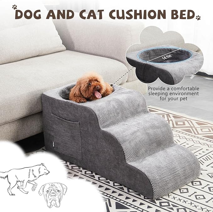 Dog Stairs, Dog Stairs for Small Dogs, 3-Step Pet Stairs, Dog Steps for Bed, Dog ramp, pet Stairs for high beds, Old Dog pet Steps, Non-Slip Pet Step Indoor, Grey-PurrikoPets