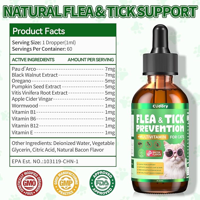 Flea & Tick Support for Cats – Natural Herbal Drops with Multivitamin – Fleas and Ticks Comfort Formula for Cat All Breeds & Ages – Bacon Flavor-PurrikoPets