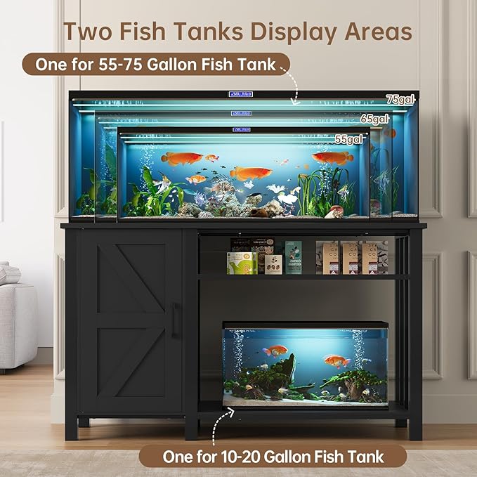 55-75 Gallon Fish Tank Stand with Power Outlet & Adjustable Shelf, Heavy Duty Aquarium Stand with Cabinet Storage for Fish Tank, Turtle Tank, Reptile Terrarium, 1000LBS Capacity, Black-PurrikoPets