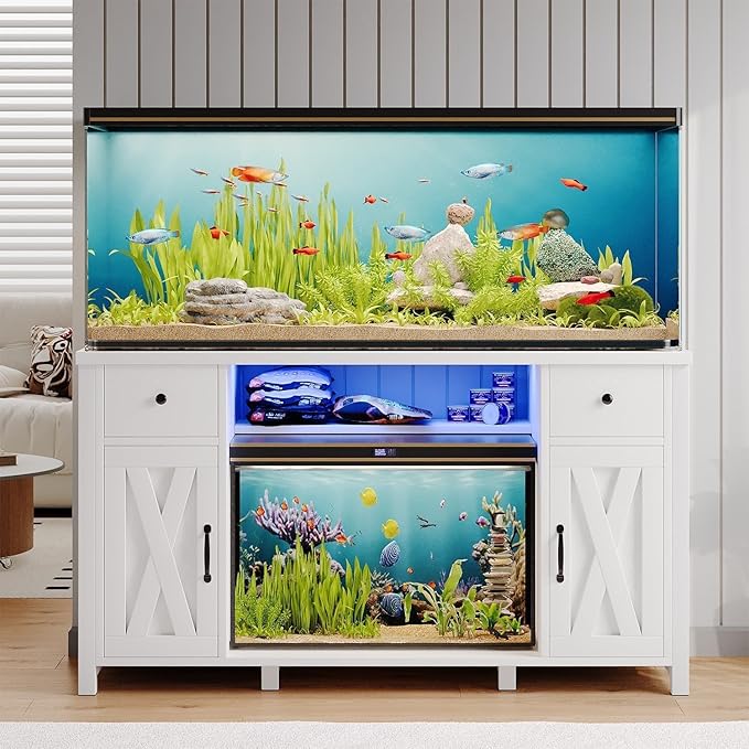 75 Gallon Fish Tank Stand with LED Light & Power Outlets, 55-75 Gallon Aquarium Stand with 2 Drawers & 2 Barn Doors, 52" L x 20" W Cabinet for 2 Fish Tank Accessories Storage, Turtle Tank, White-PurrikoPets