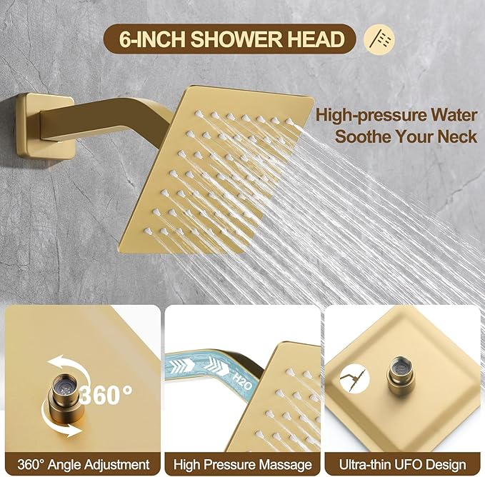 12 Inch Rain Shower System, Brushed Gold Shower Faucet Set with Push Button Diverter, 6 Inch Wall Mounted 3-Functions Bathroom Shower Systems with Dual-Function Handheld (Thermostatic, Gold Brushed)-PurrikoPets