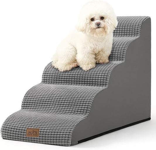 Dog Stairs for High Bed 22.6" H, Small Dog Step for Puppy, Older or Cat, Curved Ramp for Car, Ladder with High Density Foam, Lightweight, Durable, 15.7x33x22.6 inch, 5 Step, Light Grey-PurrikoPets