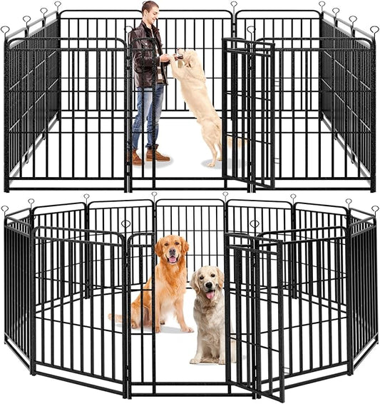 Dog Playpen Outdoor 12 Panels Heavy Duty Dog Fence 47" Height with Thick Pipe Anti-Rust with Doors Portable for RV Camping Yard, Total 27FT, 57 Sq.ft, Snowy Black-PurrikoPets