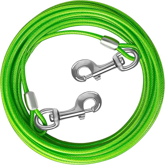 Dog Tie Out Cable 10/15/20/25/30 FT Runner for Yard Steel Wire Cable with Durable Superior Clips Green Chains for Outside Dog Lead for Large Up to 165 Lbs-PurrikoPets