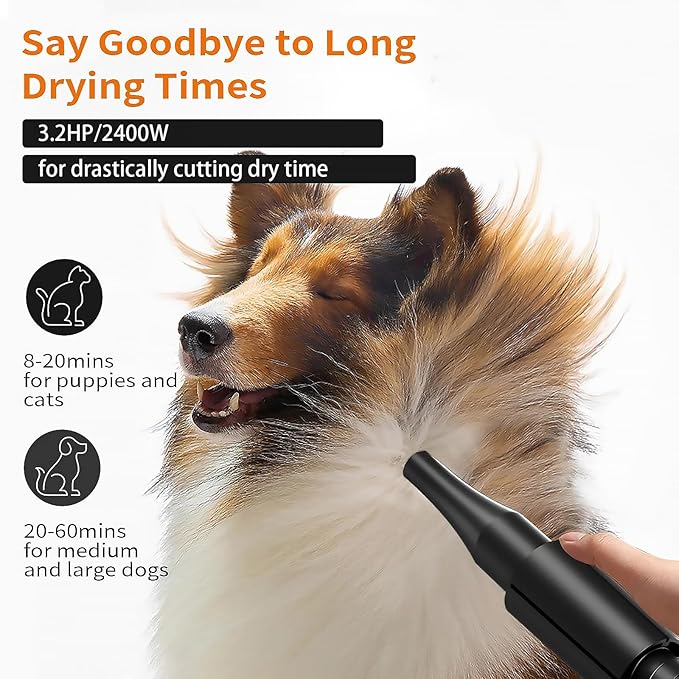2400w 75m/s Dog Dryer for Pet Grooming, High Velocity Pet Hair Dryer with Heater, Adjustable Speed, 4 Nozzles and a Comb, Black-PurrikoPets