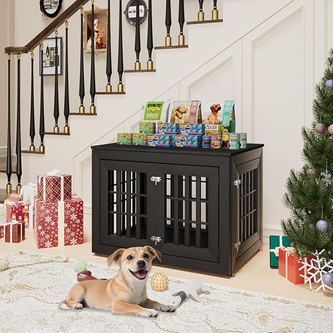 38" Heavy Duty Dog Crate Furniture for Small,Medium and Large Dogs,Rustic Wooden Dog Cage Kennel Indoor Furniture with Waterproof Top,Decorative Pet House Side End Table (Black)-PurrikoPets